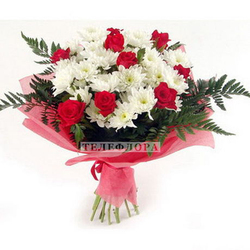 Bouquet of 9 red roses and 7 white chrysanthemums